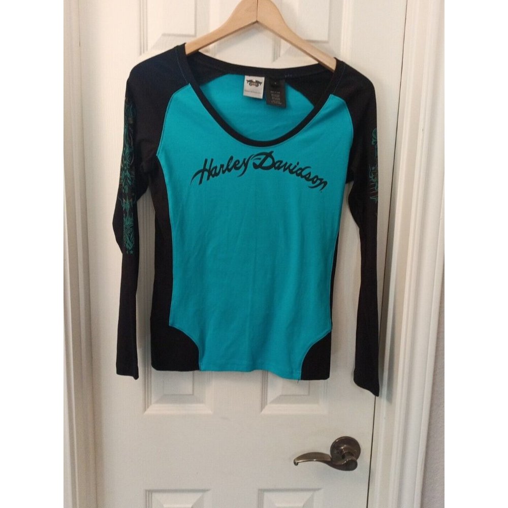 Womens Harley Davidson Turquoise Blue & Black Graphic Long Sleeve TShirt Small